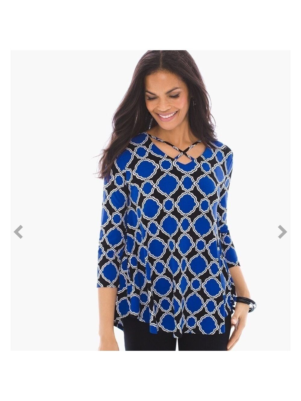 Chico’s Modern Montage Caged Top Blue Women’s Medium Blue 3/4 Sleeve Stretch